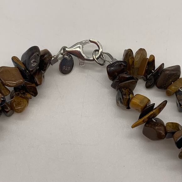 Double Strand Tiger's Eye Chip Necklace Sterling Silver Clasp - Picture 7 of 9
